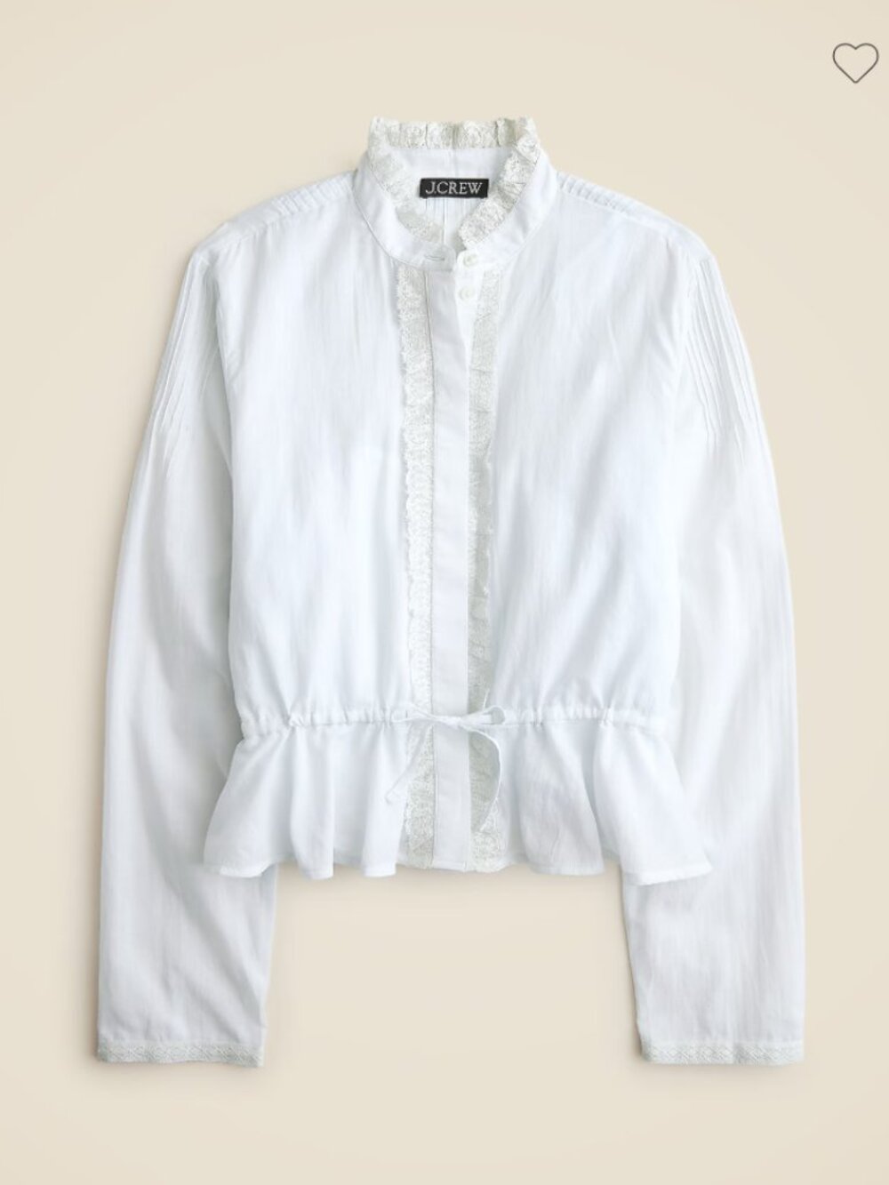 J. Crew White Lace Trim Cinch Waist Cotton Voile Long Sleeve Top S